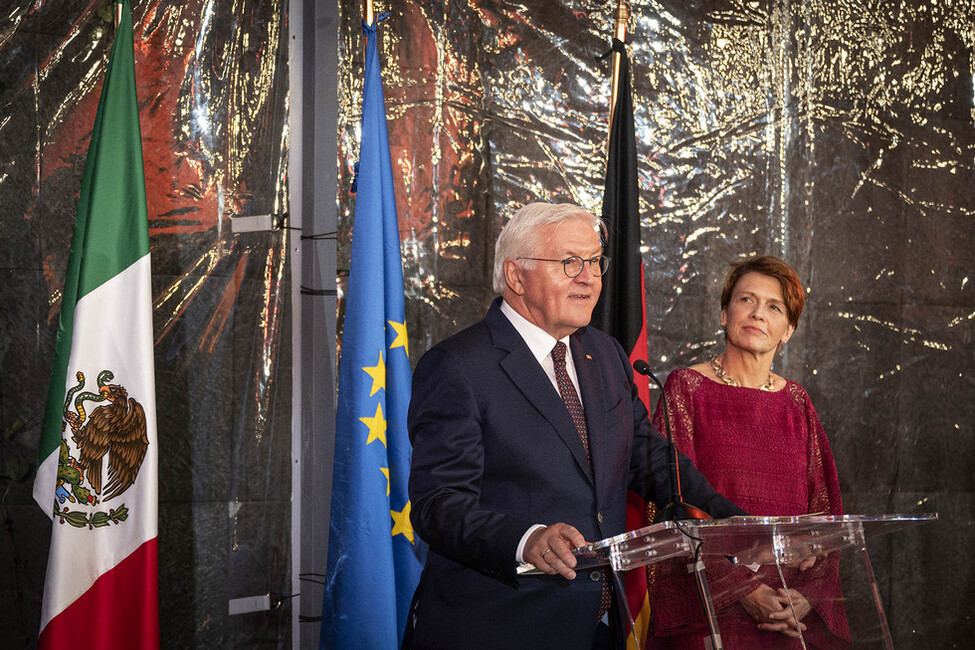 Bundespräsident Frank-Walter Steinmeier bei einer Ansprache beim Empfang, gegeben vom Bundespräsidenten, im Nationalmuseum für Anthropologie in Mexiko-Stadt