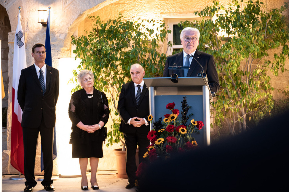 Bundespräsident Frank-Walter Steinmeier bei der Eröffnung des Empfanges zum Tag der Deutschen Einheit in der Residenz des Botschafters der Bundesrepublik Deutschland in Valletta/Malta
