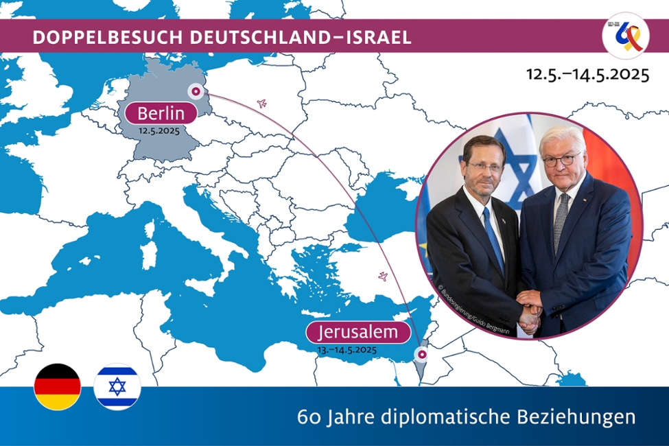 Besuch des israelischen Staatspräsidenten Herzog in Deutschland am 12. Mai 2025 und Reise des Bundespräsidenten nach Israel vom 13. bis 14. Mai 2025 anlässlich 60 Jahre deutsch-israelischer Beziehungen (© Bundespräsidialamt) Besuch des israelischen Staatspräsidenten Herzog in Deutschland am 12. Mai 2025 und Reise des Bundespräsidenten nach Israel vom 13. bis 14. Mai 2025 anlässlich 60 Jahre deutsch-israelischer Beziehungen