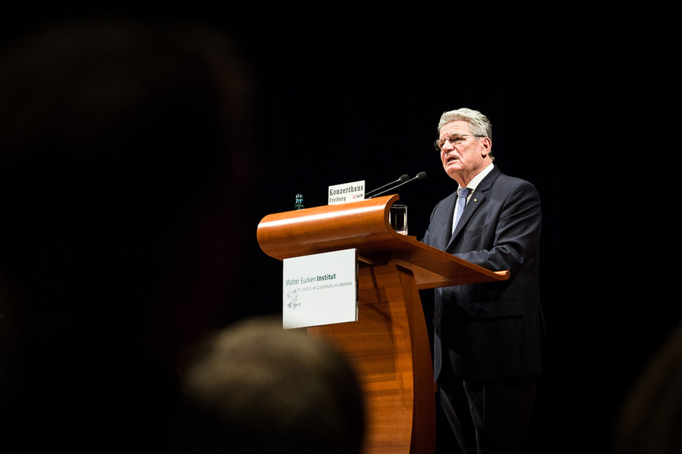 Bundespräsident Joachim Gauck hält bei der Festveranstaltung des Walter Eucken Instituts eine Ansprache