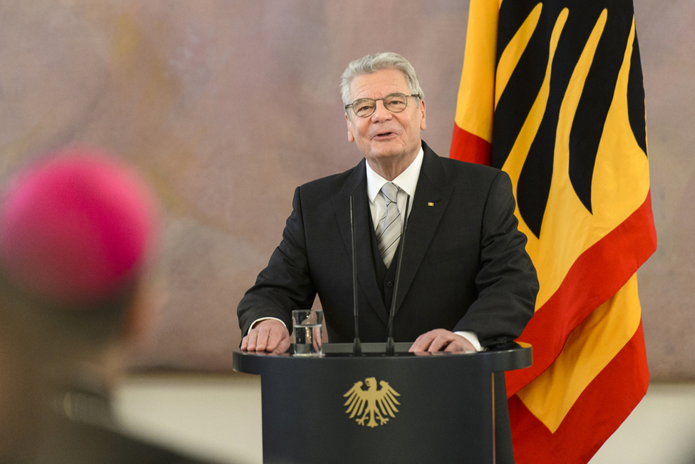 Bundespräsident Joachim Gauck hält eine Rede im Großen Saal in Schloss Bellevue anlässlich des Neujahrsempfangs für das Diplomatische Korps