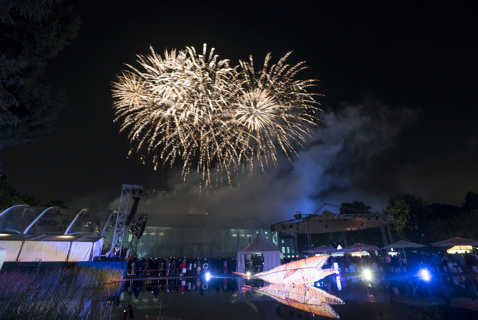 Feuerwerk im Park von Schloss Bellevue über dem beleuchteten Wal des Künstlers Dieter Erhard anlässlich der Eröffnung des Bürgerfests des Bundespräsidenten 2016 