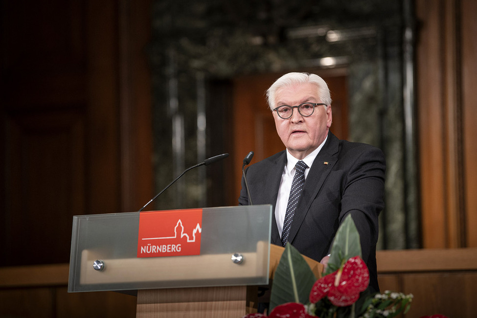 Federal President Frank-Walter Steinmeier gave a speech at the ceremony marking the 75th anniversary of the start of the Nuremberg Trials in the historical courtroom 600 of the Nuremberg Palace of Justice.